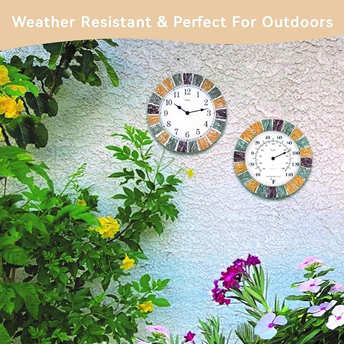 Lily's Home 10 inch Indoor or Outdoor Hanging Wall Clock and Thermometer Set,Stone Frame Battery Operated Quartz Movement, Operated Decor for Family Room, Office, Game Room,Garden, Backyard, Pool