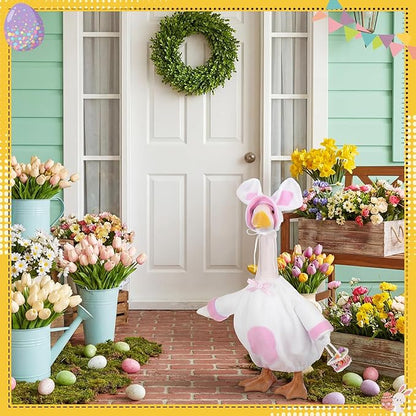 FuWeave Easter Bunny Goose Outfit Easter Egg Porch Goose Costume for Cement Plastic Geese Statue Spring Outdoor Garden Yard Patio Decoration(White,23 Inches,Rabbit)