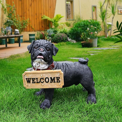 Black Pug Front-Door Greeter with Solar Lantern & Double-Sided Sign, Standing Pug Yard Statue for Planters, Walkways & Porch Seating