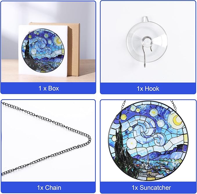 Hanging Stained Glass for Windows,20cm/7.87inch Van Gogh Starry Night Stained Glass Suncatcher with Chain Garden Diamond Glass Panel Hangings Decoration for Home Decor Gifts for Family Friends