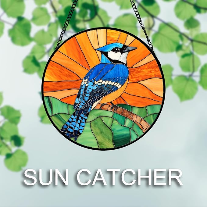 DASTOLL Stained Glass Window Hanging 4 Pcs Set Birds Large 11.8" - Cardinal Blue Jay Suncatcher Door Garden Sun Catcher Decor Birthday Christmas for Bird Lovers Mom Woman Nana Men