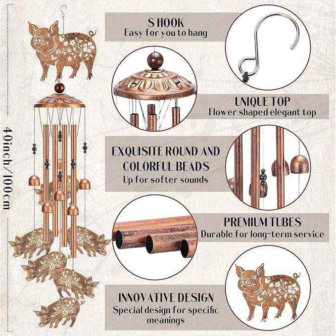 Pig Decor Wind Chimes - Metal Animal Windchimes with Card Outside Indoor Decoration for Garden Yard Patio Balcony Thanksgiving Christmas Birthday Gifts for Pigs Lovers Women Mother Grandma