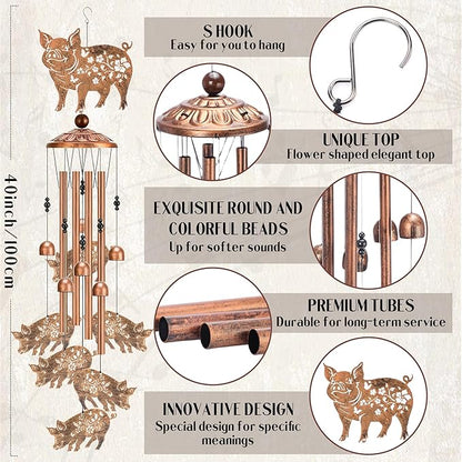 Pig Decor Wind Chimes - Metal Animal Windchimes with Card Outside Indoor Decoration for Garden Yard Patio Balcony Thanksgiving Christmas Birthday Gifts for Pigs Lovers Women Mother Grandma