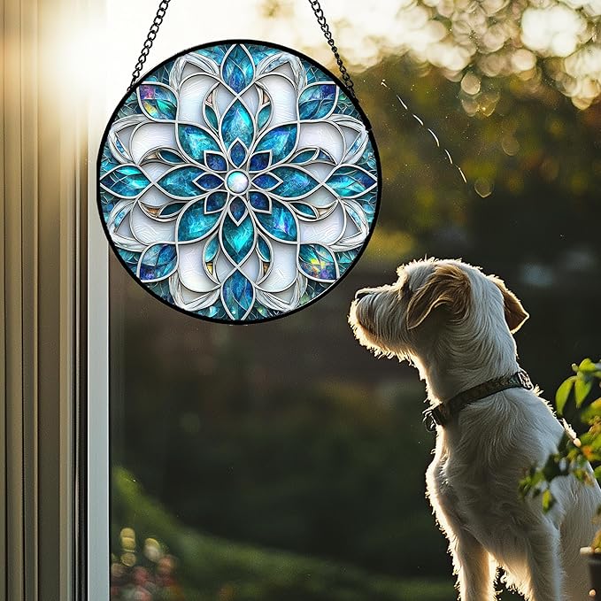 Stained Glass Window Hanging - Blue White Abstract Flowers Suncatcher for Door Terrace Garden Home Decor Boho Sun Catcher Birthday Gifts for Lovers Women Men Dad Mom Nana 15 in