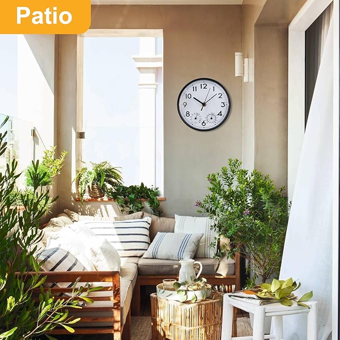Indoor Outdoor Clocks Waterproof, Decorative Wall Clocks with Temperature and Humidity, Non Ticking Round Wall Clock Battery Operated for Patio Garden Home
