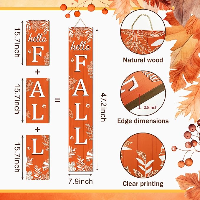 Hello Fall Porch Sign Autumn Leaves Wooden Welcome Sign Vertical Fall Hanging Signs For Standing Front Porch Decor Rustic Wall Decor Home Farmhouse Yard Door Fall Decorations 47.2"H