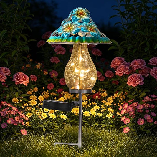 LOVERUIS Mushroom Garden Decor for Outside with Cracked Ball Waterproof Metal Stake Outdoor Yard Patio Decor, Gifts for Women, Mom, Grandma (ARS-Mushroom Blue)
