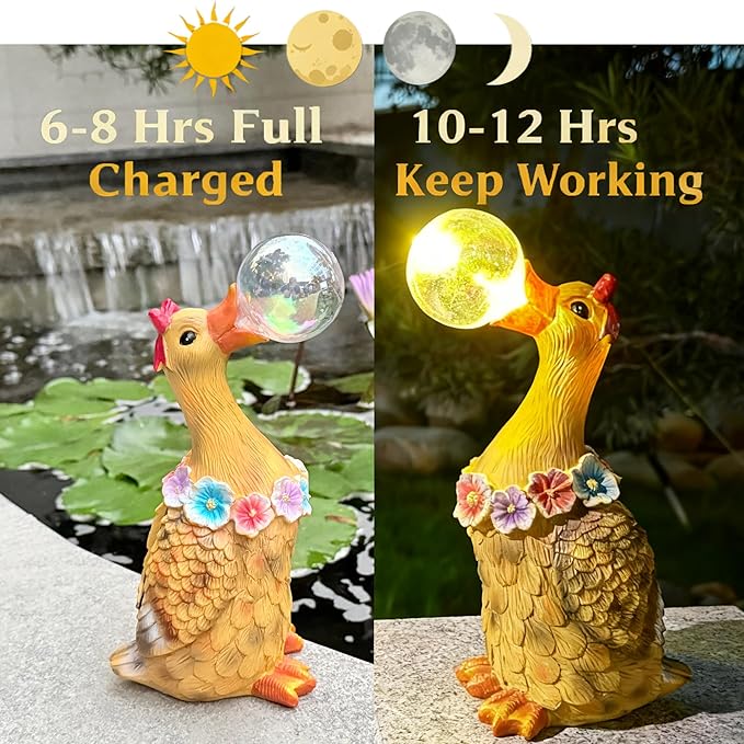 Solar Garden Duck Statue with LED Lights, Waterproof Outdoor Decor for Patio Lawn Yard, Cute Resin Duck Ornament with Unique Bubble Design, Ideal Gift for Women Mom-Orange