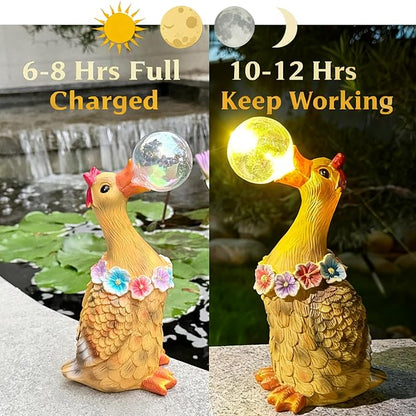 Solar Garden Duck Statue with LED Lights, Waterproof Outdoor Decor for Patio Lawn Yard, Cute Resin Duck Ornament with Unique Bubble Design, Ideal Gift for Women Mom-Orange