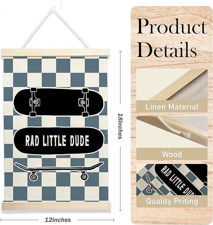 NQDWX Skateboard & Blue Checkered Little Man Cave Banner - Boys Room Wall Decor, 12x17 Inch Canvas Hanging Flag with Wood Frame, Cool Preppy Skate Poster for Bedroom, Playroom & Nursery. (130)