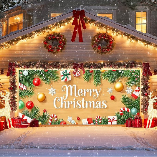 IVN Christmas Garage Door Cover Decoration 13x6ft Wood Texture Pine Garlands Gifts Candy Canes Merry Christmas Winter Garage Door Banner Home Door Front Yard Decor for Xmas Eve Holiday Outdoor