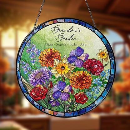 NAZENTI Custom Month Birth Flowers Glass Suncatcher for Grandma, Personalized Stained Glass Window Hanging Suncatcher with Kids Name, Gifts for Mother's Day, Birthday, Gigi Birth Month Flower
