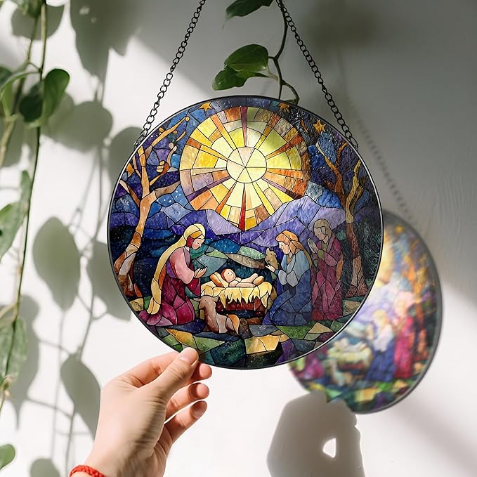 8'' Nativity Stained Glass Suncatcher, Window Hanging Decor, Religious Christmas Ornament, Christian Holiday Decor, Christian Gifts, Religious Gifts, Gift for Christmas