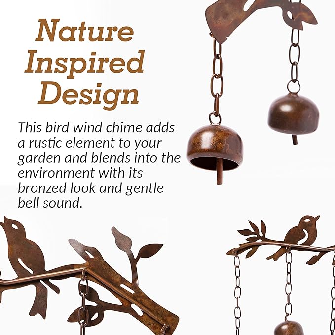 Happy Gardens Bird Wind Chimes with Bells | 5 Suspended Bells Windchime with Birds Garden Decor | Mothers Day Outdoor Gifts & Backyard Decorations