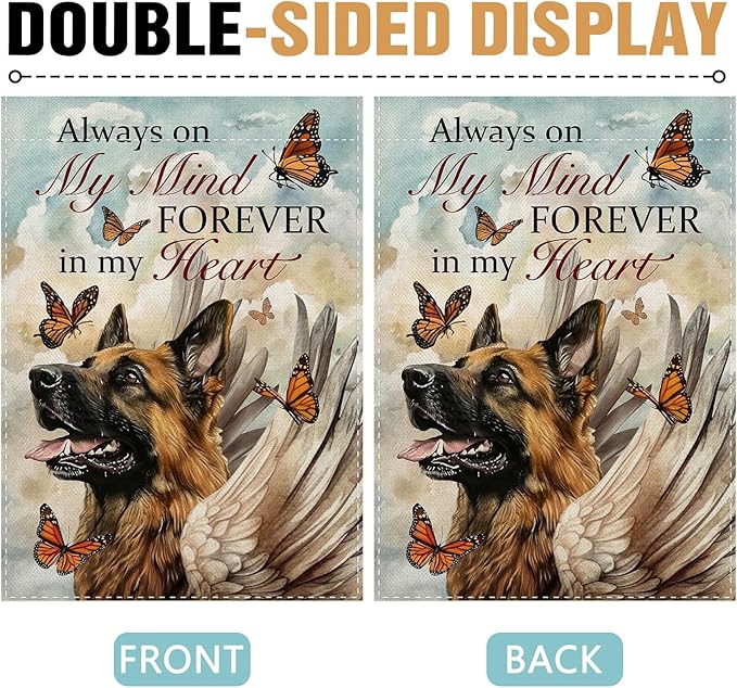 Dyrenson Memorial German Shepherd Dog Decorative Garden Flag, Always on My Mind Forever in My Heart Yard Outside Home Decoration, Pet Butterfly Cemetery Burlap Outdoor Small Decor Double Sided 12x18