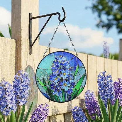 Stained Glass Window Hanging, Hyacinth Suncatcher 7.8 in Sun Catcher Glass Panel Boho Wall Art Decor with Chain Diamond Glass Panel Hangings Scenery Sun Catchers Decor for Lover Couple Mom