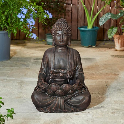 Glitzhome Buddha Statue 28" H, Outdoor Buddha Large Statue Zen Style Buddha Fountian with LED Light & Pump Polyresin Outdoor Floor Freestanding Fountain Garden Buddha Sculptures & Statues Lawn Décor