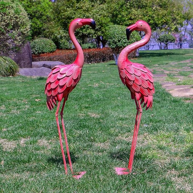 YOUKI Metal Yard Art Flamingo Decor Pink Flamingos for Yard Garden Statues Red Flamingo Yard Art Outdoor Sculptures for Outside Home Patio Lawn Ornaments Backyard Decor, Set of 2