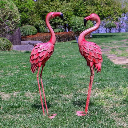 YOUKI Metal Yard Art Flamingo Decor Pink Flamingos for Yard Garden Statues Red Flamingo Yard Art Outdoor Sculptures for Outside Home Patio Lawn Ornaments Backyard Decor, Set of 2