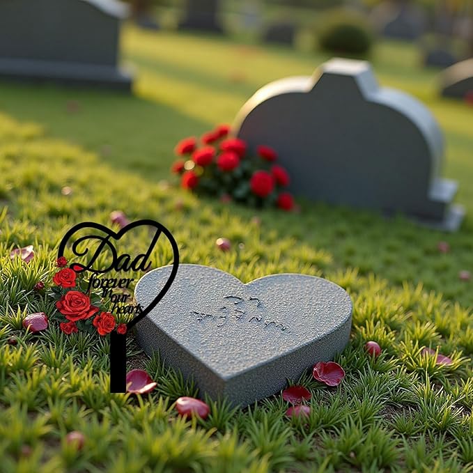 AIM & GGKK Memorial Stake for Dad - Metal Heart Grave Marker with Red Roses, Memorial Plaque Cemetery Decor for Grave, Garden, Gravesite