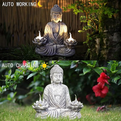 IVCOOLE Buddha Statue Zen Sculpture 11.4in Yoga Garden Decor with LED Solar Lotus Lights, Sitting Meditating Buddha Serene Resin Figurine for Patio Yard Lawn Ornaments,Inside or Outside