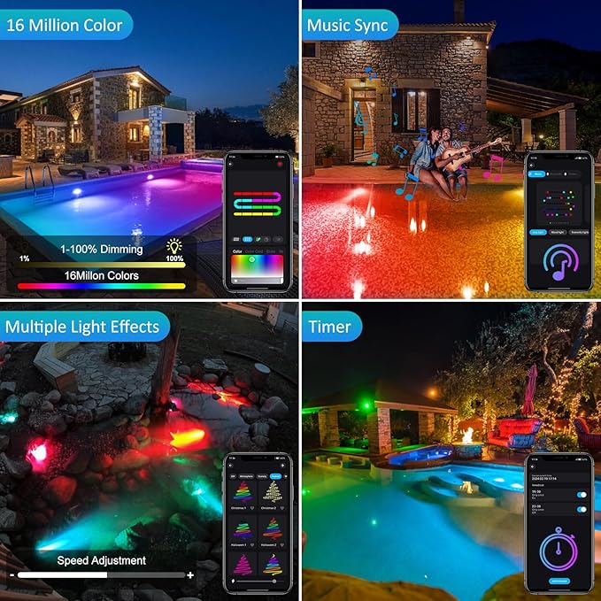 T-SUN Colored Pond Lights with Timer, LED Underwater Submersible Fountain Fish Tank Landscape Lights - Smart APP & Remote Control, IP68 Waterproof (Set of 3)