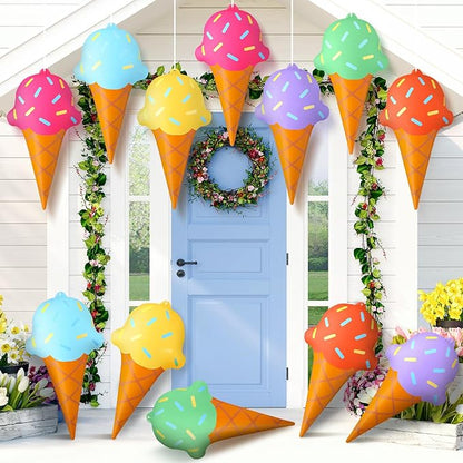Realspring 12 Pieces 12 Inch Summer Inflatables Outdoor Decorations Ice Cream Inflatable Hanging Ornament Summer Ice Cream Birthday Party Swimming Pool, Beach Decorations for Indoor Outdoor