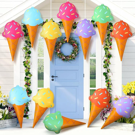 Realspring 12 Pieces 12 Inch Summer Inflatables Outdoor Decorations Ice Cream Inflatable Hanging Ornament Summer Ice Cream Birthday Party Swimming Pool, Beach Decorations for Indoor Outdoor