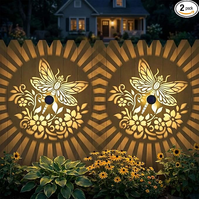Gardsee Solar Fence Lights Outdoor 2 Pack Deck Step Wall Lights Butterfly Metal Waterproof LED Warm Yellow Light for Garden Post Patio Backyard Yard Decor (Black 3)