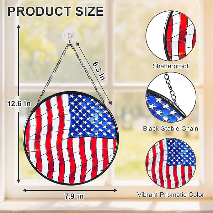 Stained Glass Window Hanging Suncatchers with Patriotic American Flag 12.6", Vibrant Glass Panel with Metal Chain for Home Decor Gift for Women Mother's Day, Birthday, Men, and Mom