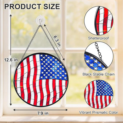 Stained Glass Window Hanging Suncatchers with Patriotic American Flag 12.6", Vibrant Glass Panel with Metal Chain for Home Decor Gift for Women Mother's Day, Birthday, Men, and Mom