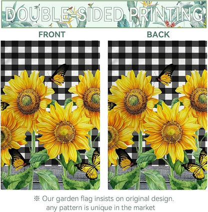 Sunflower Garden Flags Double Sided Black and White Check Garden Flag 12 x 18 In Yellow Summer Flowers Yard Flags for Outdoor Decorations Farmhouse Seasonal Flag for Lawn Outside