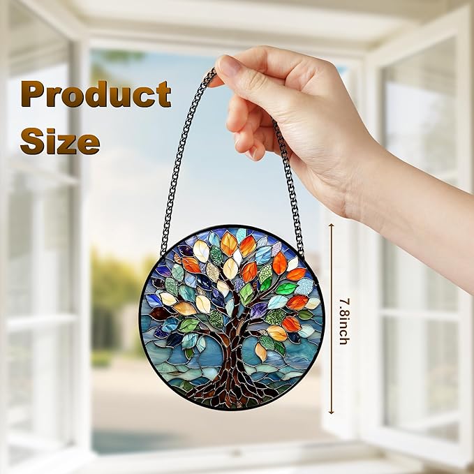 Stained Glass Window Hanging, Tree of Life Sun Catchers Glass Panel Colorful Suncatcher Decor for Birthday, Women, Men, Wife, Aunt, Lovers, Home Garden 7.8 in