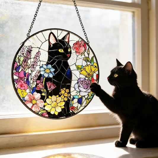 Cat Stained Glass Suncatcher Window, Hanging Sun Catchers Indoor Window, Suncatcher for Mom/Women (Black Cat & Flower)