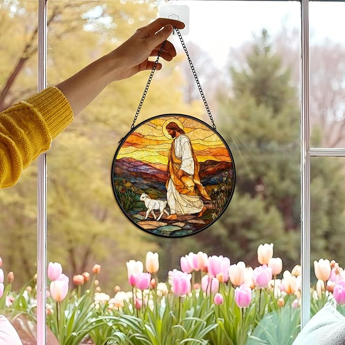 Christian Easter Jesus Lamb Suncatcher Stained Glass Window Hanging Wall Decor, Christian Easter Gifts for Women, Jesus Leaves the 99 Sheep Sun Catchers Garden Lawn Window Hanging Art,7.9x7.9In