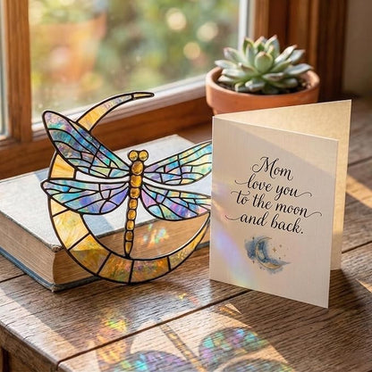 Dragonfly Crescent Moon Handmade Resin Suncatchers, Artisan Boho Sun Catcher Stained Glass Effect Window Hanging Garden Decor, Gift for Mother's Day Mom Grandma Wife Women