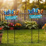 Large Butterfly Garden Stakes 42.1inch with Welcome Sign and Flowers, Butterfly Garden Decor Metal Yard Art for Spring, Lawn Ornaments, Pathway, Outdoor Summer Decorations
