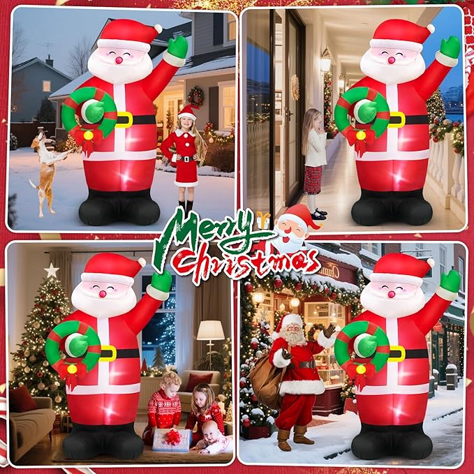 8 FT Huge Christmas Inflatables Santa Claus Holding Garland Outdoor Decorations, Build in LEDs & Tethers Stakes Giant Inflatable Santa Blow Up Yard Décor for Holiday Xmas Indoor Patio Lawn
