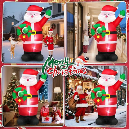 8 FT Huge Christmas Inflatables Santa Claus Holding Garland Outdoor Decorations, Build in LEDs & Tethers Stakes Giant Inflatable Santa Blow Up Yard Décor for Holiday Xmas Indoor Patio Lawn