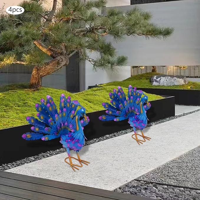 Set of 4 Peacock Statues, Colorful Iron Garden Decor with Realistic 3D Feathers, Outdoor Indoor Ornament for Patio, Yard, Balcony, or Home Decor