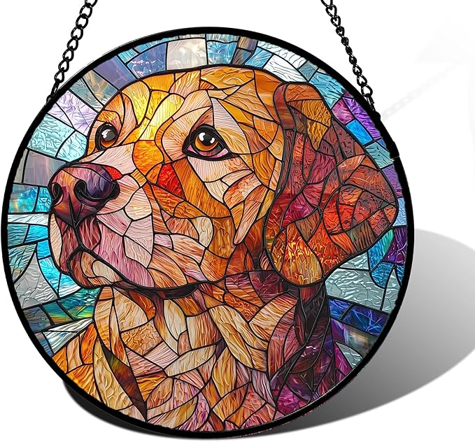 DASTOLL Stained Glass Window Hanging, Cute Dog Abstract Sun Catchers Colorful Glass Panel Texture Suncatcher Decor for Birthday for Women, Men, Wife, Aunt, and Mom 11.8x11.8 in