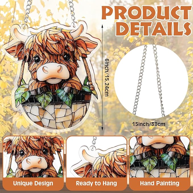 Yalikop 6 Inch Highland Cow Suncatcher Decor Faux Stained Glass Window Hanging Ornament Acrylic Highland Cow Gifts for Animals Lovers Home Garden Farmhouse Decoration
