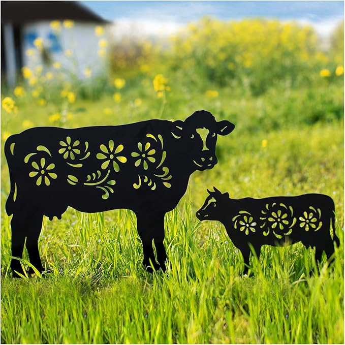 EZTZEN Cow Metal Garden Stakes Decorative,Cow Gifts for Women/Mom/Grandma/Men Cow Lovers Gifts,Black Cow Silhouette Statues Garden Decor for Outside,Outdoor Decor,Yard Art,Patio,Lawn Ornaments,2 Pack