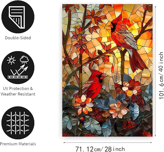 Stained Glass Cardinal Red Birds Garden Flag Spring Summer Yard Flag Fall Floral Decorative Yard Flags for Outside 28x40 Double Sided Large Seasonal Lawn Flags Rustic Outdoor Decor
