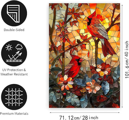 Stained Glass Cardinal Red Birds Garden Flag Spring Summer Yard Flag Fall Floral Decorative Yard Flags for Outside 28x40 Double Sided Large Seasonal Lawn Flags Rustic Outdoor Decor