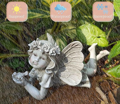 MeritMode Fairy Flower Garden Outdoor Statue - Angel Holding Bird and Butterfly, 11" Width, Cherub Decor and Grandma Gifts, Patio and Yard