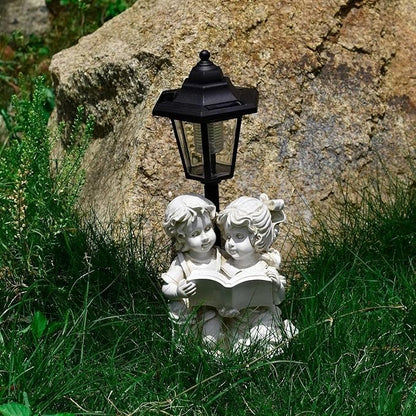 Solar Garden Angel Country Farm Reading Boy and Girl with Light, Outside Decorations for Patio Yard Lawn Walkway Ornaments
