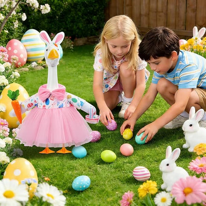 GJL Easter Porch Goose Outfits Fits 23" Cement Plastic Goose Statue Porch Goose Clothes with Hat, Basket, Carrot & 6 Easter Eggs for Easter Indoor or Outdoor Garden Decor