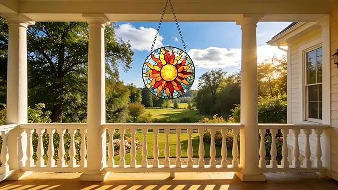 Funoasis Stained Glass Window Hanging 6.3 Inches Suncatcher - Sun and Sun Flames Ornaments Sun Catcher Home Decor Women Birthday