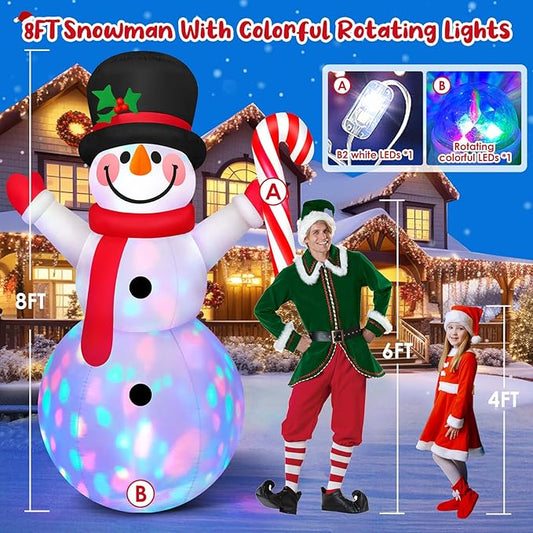 8 FT Tall Christmas Inflatables Outdoor Decorations Blow Up Snowman Inflatable Candy Cane, Build-in Rotating Colorful LEDs Xmas Snow Man Blowups Yard Decoration for Party Holiday Indoor Lawn Garden